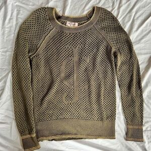 Juicy Couture Olive Green JC Open Weave Knit Cotton Sweater Metallic Gold Trim